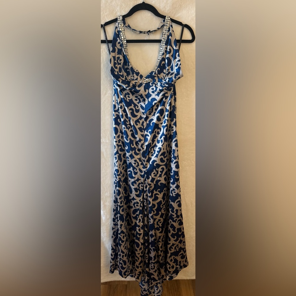Bebe Navy and White Scroll Print Maxi Skirt